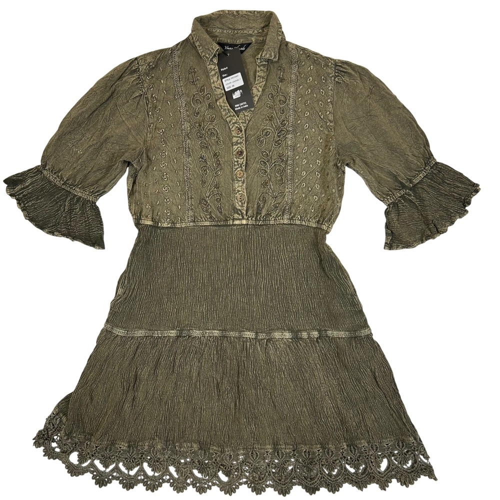 Nwt Young Threads Womens Embroidered Boho Mini Dress Gravel Green DR23665 Size M
